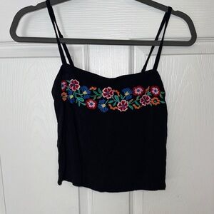 Hollister Black Crop Top with Colorful Floral Embroidery